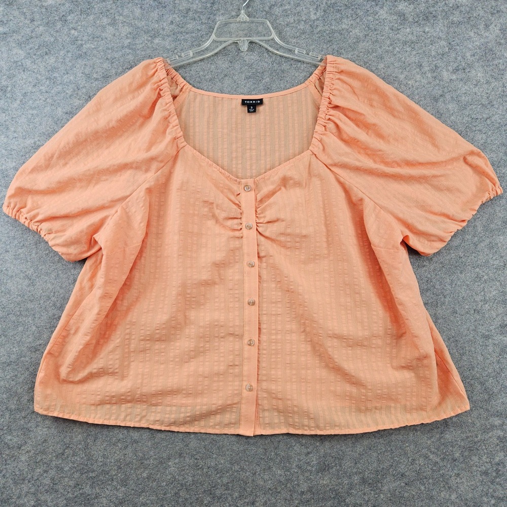 Torrid Blouse Women's 3 3X Peach Orange Button Front Puff Sleeve Textured Top